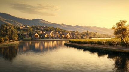 Fototapeta premium 3D Lakefront Village at Golden Dusk