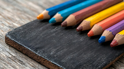 Obraz premium Colorful wooden pencils arranged on a small black slate chalkboard over a rustic wooden table.