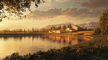 Obraz premium 3D Lakefront Village at Golden Dusk