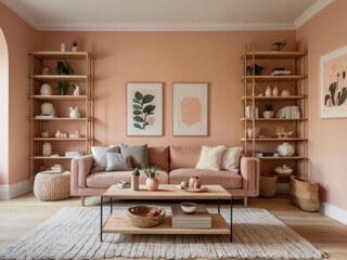 Peach Walls Living Room Decor With Wooden Shelving And Sofa