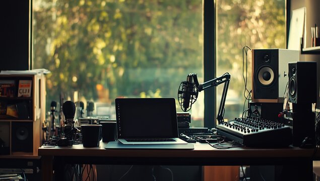 A photo of an professional studio setup with headphones, microphone and laptop on the desk