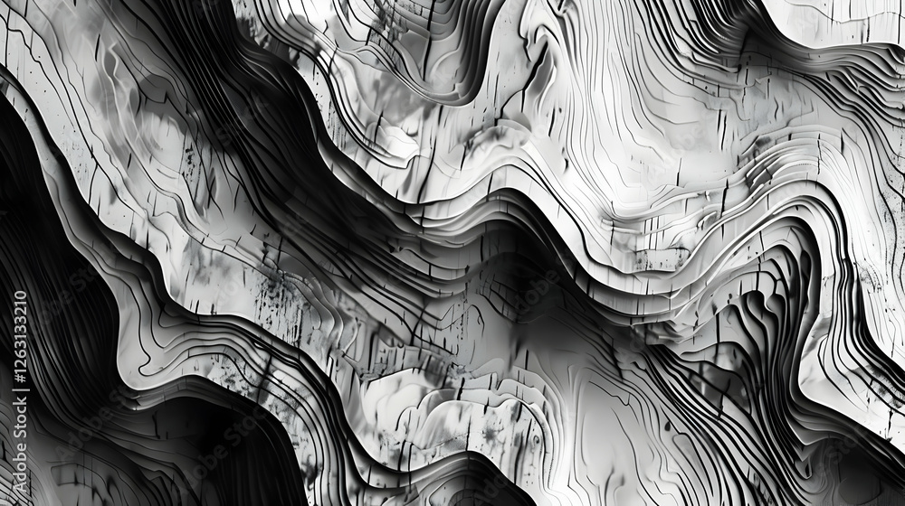 Aufkleber abstract black and white wave patterns flowing across a textured surface, creating depth and movemen
