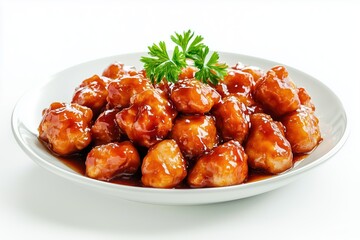 Honey glazed chicken on plate, isolated on white background with vibrant sheen and fresh garnish