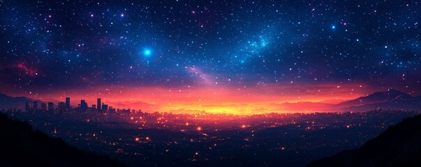 Obraz premium A breathtaking panoramic view of a city skyline beneath a starry night sky, featuring vibrant colors of twilight and celestial elements.