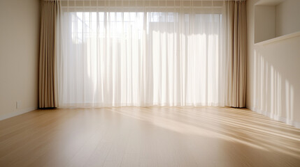 Obraz premium A bright and airy living space with soft sunlight filtering through sheer curtains.