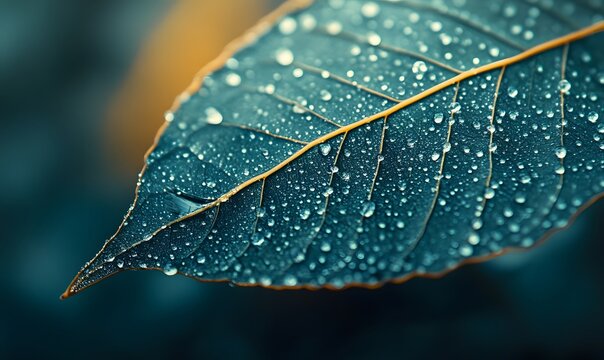 A close up of a blue leaf covered in water droplets after a rain shower