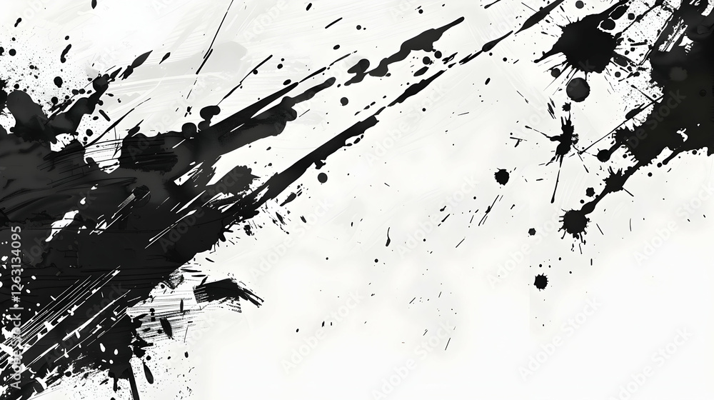 Poster abstract black and white paint splashes on a white background, creating a dynamic artistic effect
