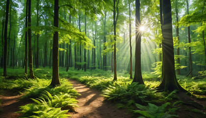 Obraz premium Sunlit Forest Panorama with Lush Greenery and Sun Rays ,Scenic Woodland Landscape Background