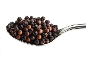 A close-up of black peppercorns in a metallic spoon, perfect for culinary themes. isolated on white background.