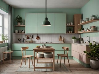 Modern Mint Green Kitchen With Wooden Accents And Plants