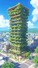Obraz premium Green vertical city building, sunny day, tropical plants, urban background; architectural design