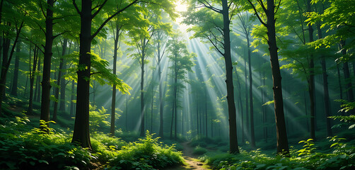 Fototapeta premium Sunlit Forest Panorama with Lush Greenery and Sun Rays ,Scenic Woodland Landscape Background