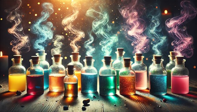 A row of glass potion bottles filled with colorful liquids, each sealed with a cork stopper