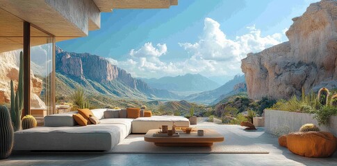 A modern outdoor concrete terrace with cacti and minimalist decor