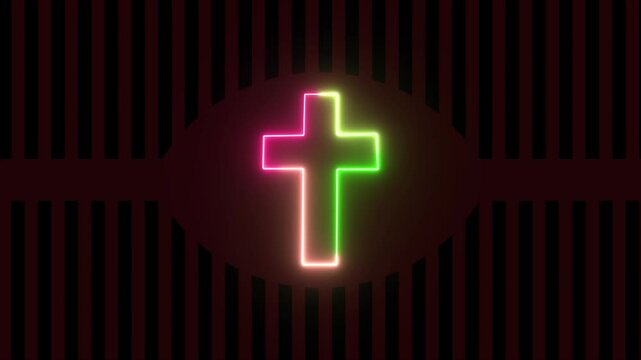 Glowing neon line Christian cross icon isolated on durk red background. Church cross.