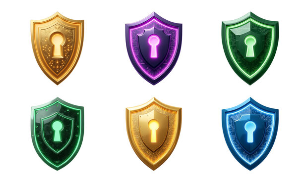 collection of colorful shields with keyholes, representing security and protection