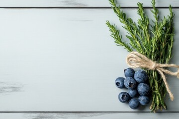Fresh blueberries and rosemary on rustic wooden table