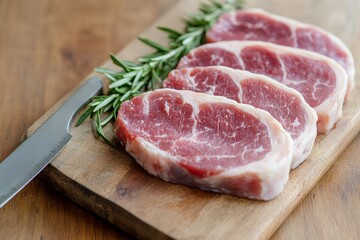 Fresh raw pork chops with rosemary on wooden cutting board