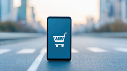 Smartphone with shopping cart icon on urban road, symbolizing online shopping.