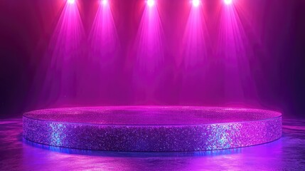Glittering Stage Illuminated By Three Pink Spotlights
