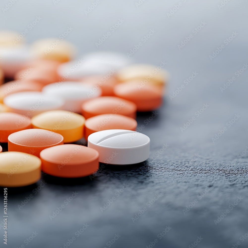 Poster a close-up view of colorful tablets scattered on a dark surface, showcasing various shapes and color