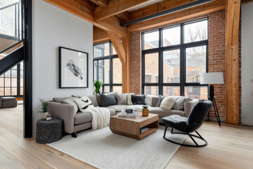 Stylish modern living room with large windows and wooden beams.