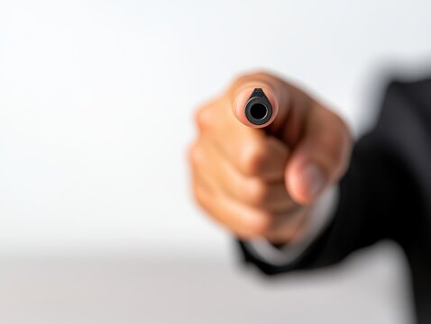 A business professional pointing a pen towards the camera, symbolizing authority.