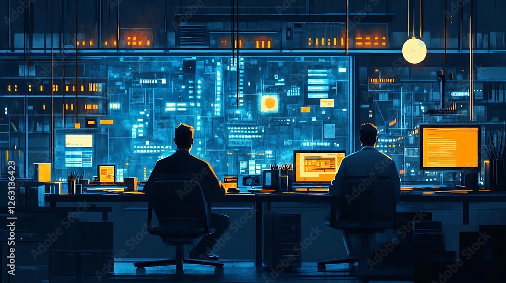 Aufkleber two men work late in a futuristic office, monitoring a large screen displaying complex data.