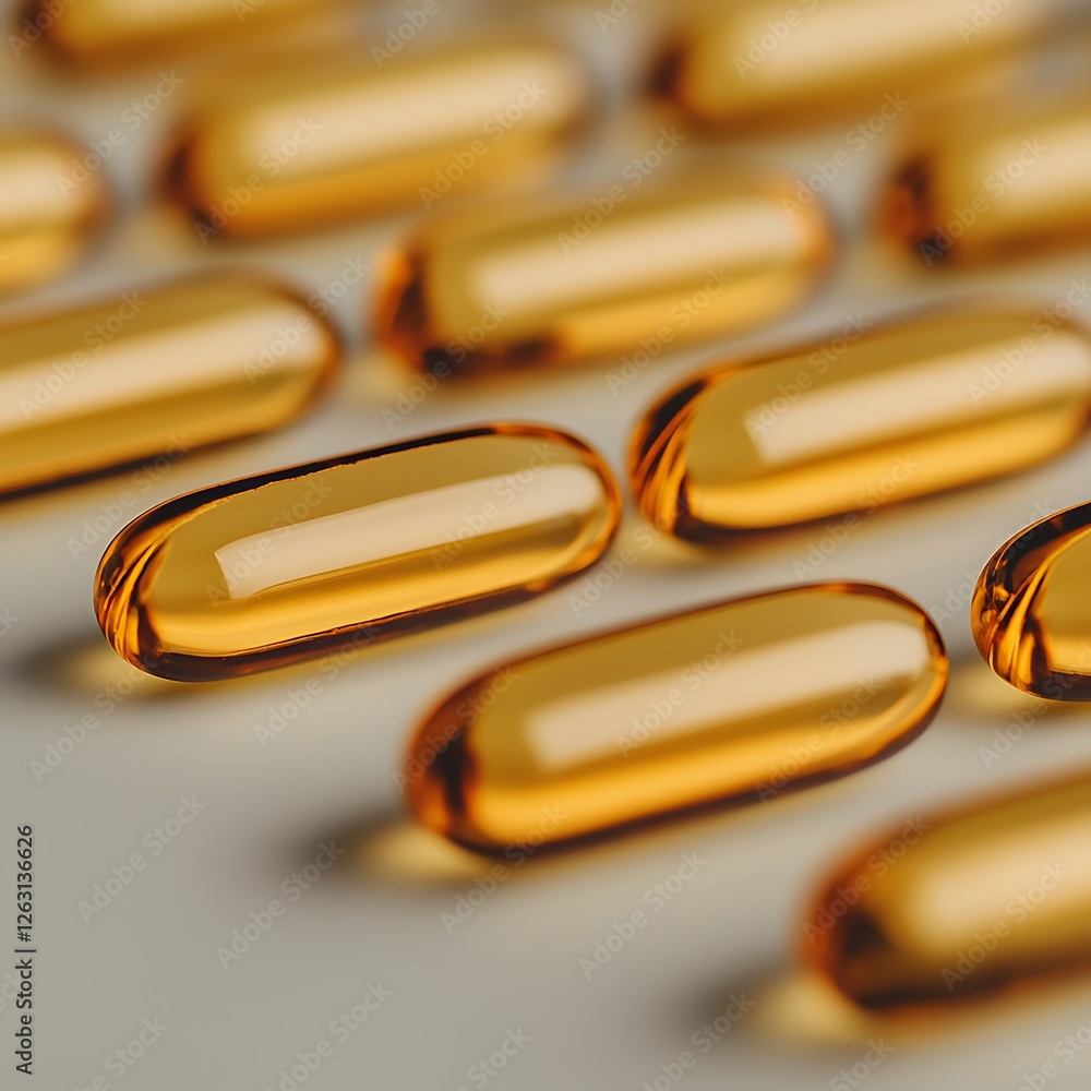 Poster a close-up view of translucent orange capsules arranged neatly on a surface, highlighting their glos