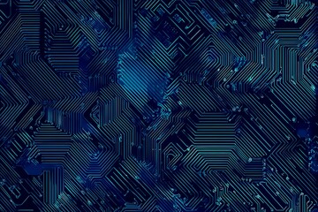 Abstract close-up of a glowing blue digital circuit board, showcasing intricate connections and technological design on a black background.
