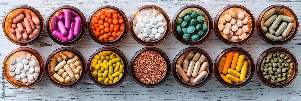 Poster a vibrant display of various pills and supplements organized in small bowls, showcasing a range of c