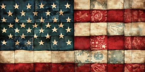 Patchwork rendition of an aged american flag with visible seams