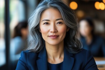 Fototapeta premium Professional woman smiling warmly in a bustling cafe setting with soft lighting and blurred background