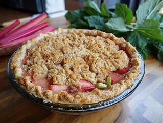 Delicious rhubarb crumble pie with flaky crust and fresh rhubarb stalks
