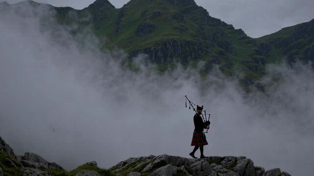 A wide-angle video captures a lone bagpiper in traditional attire on a misty mountain, evoking a serene and atmospheric mood with a natural backdrop.