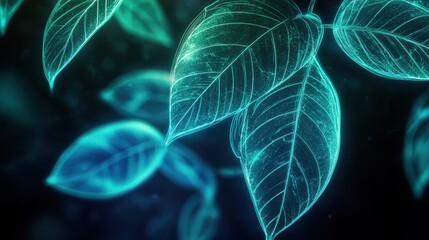 Obraz premium Glowing Tropical Leaves in Neon Blue and Green Ultr