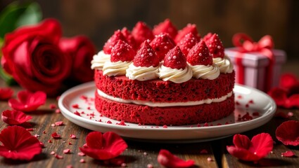 Romantic Red Velvet Cake with Cream and Raspberries