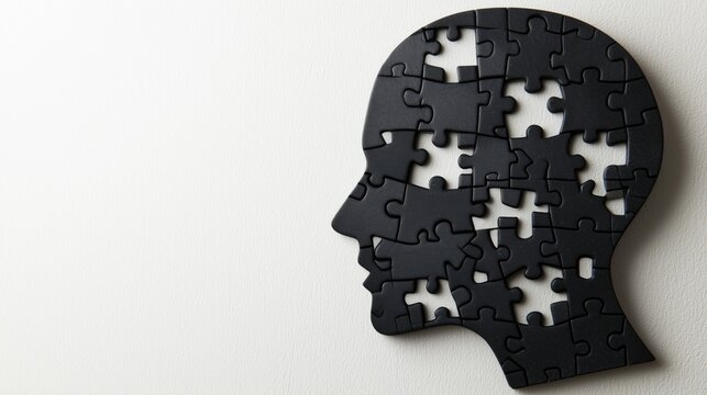 Black puzzle pieces form a human head silhouette against a plain background in a creative interpretation of mental health concepts