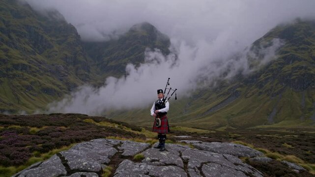 Aerial video shot of a bagpiper in traditional attire on a rocky landscape, surrounded by misty mountains, creating a dramatic and serene atmosphere.