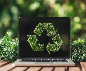 EcoFriendly MacBook Laptop with Recycling Symbol on Green Background