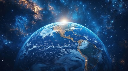 Vivid view of Earth from space showcasing America surrounded by a star-filled galaxy and shimmering cosmic beauty