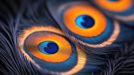 Peacock feathers close-up, dark background, nature detail, design texture