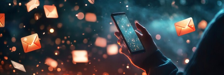 Hand holding a smartphone amidst a flurry of digital envelopes, symbolizing multitasking, time management, and stress in a fast paced work environment. Bright, dynamic scene conveys urgency