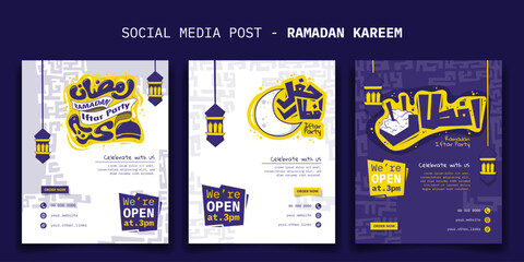 Set of portrait social media post template with arabic typography and lantern in cartoon design
