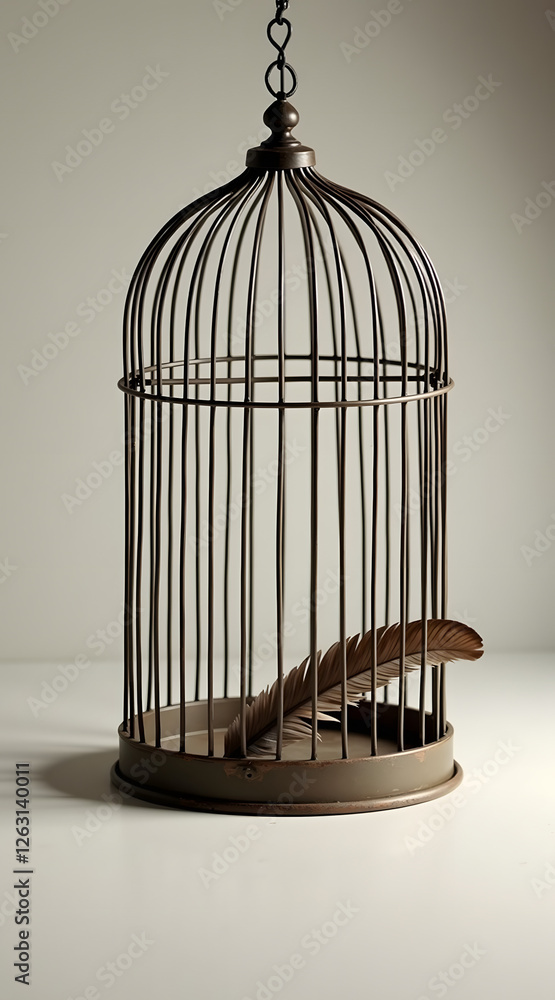 Poster an empty birdcage stands alone with a single feather inside, symbolizing freedom and solitude in a m