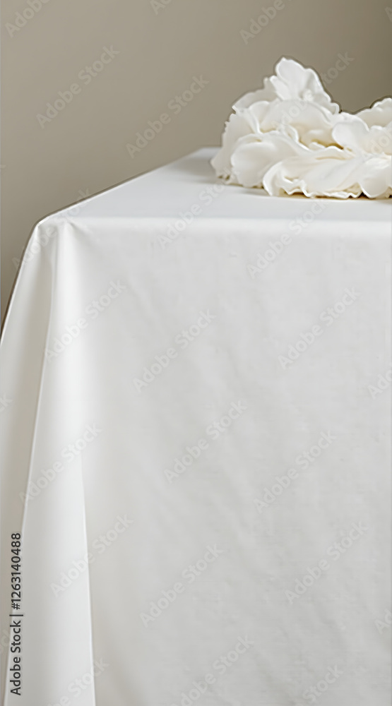 Poster a simple white tablecloth drapes over a table with delicate white flowers arranged on top, creating 