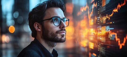 A professional investor or financial analyst observes fluctuating stock market charts with intense focus. The glowing data visualizations reflect off their glasses, symbolizing insight and strategy