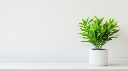 Lush green plant in minimalistic white pot on a clean shelf against an empty wall background