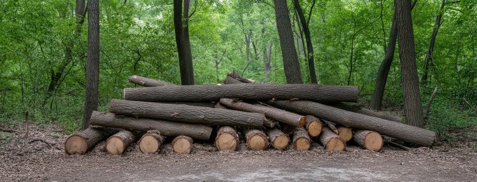 Cut trees are stacked in a forest while an excavator works under natural light on a clear day, showcasing lumber industry activity