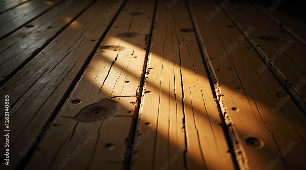Poster natural light casts shadows on a rustic wooden floor with visible grain and textures creating a warm